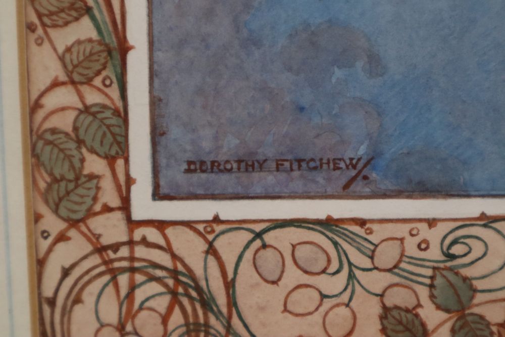 Dorothy Fitchew (19th/20th century), watercolour, fairy with baby cradled in a spiders web, decorative boder, signed, 28 x 18cm